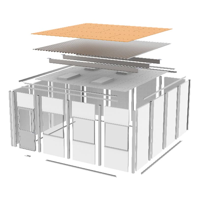 Exploded view illustration of a modern, modular office structure showing individual layers of the roof, framework, and paneling in gray and beige.