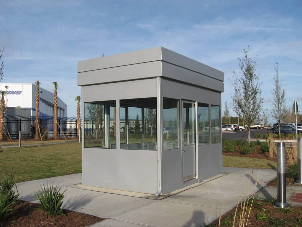 Security building with horizontal roof fascia