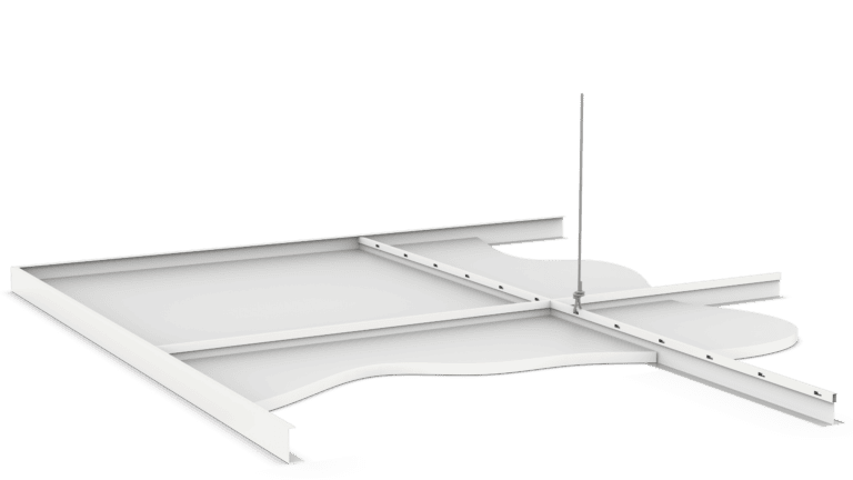 3d rendering of a minimalist modern floor plan with interconnected rooms and a central support pole, designed in a clean, white palette on a grey background featuring ceiling tiles.
