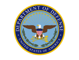 Seal of the united states department of defense featuring a blue circular background, an american bald eagle with a shield, and encircled by white stars and the text "department of defense united states of america.