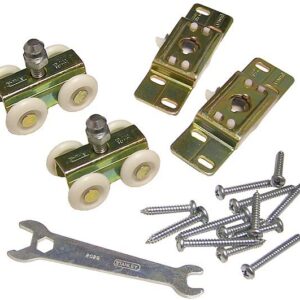 Sentence with replaced product: A TOP HUNG SLIDING DOOR ROLLERS (1 SET) with mounting brackets, accompanied by screws and a Stanley wrench, displayed on a white background.