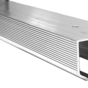 Aluminum extruded profile designed as a TOP HUNG SLIDING DOOR TRACK (72”) with a rectangular hollow section and multiple internal ridges, presented in grayscale on a plain background.