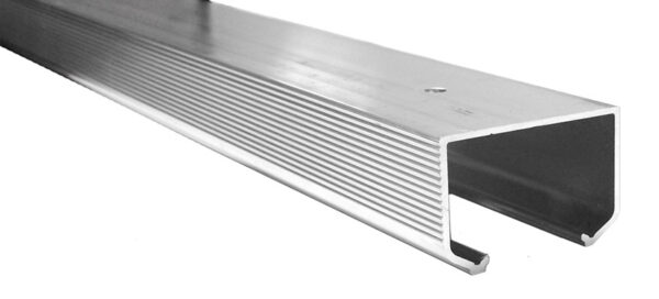 Aluminum extruded profile designed as a TOP HUNG SLIDING DOOR TRACK (72”) with a rectangular hollow section and multiple internal ridges, presented in grayscale on a plain background.