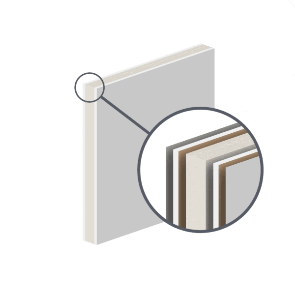 Illustration of a layered white rectangular vinyl drywall object connected by a hinge at the corner, with a magnifying glass focusing on its layered structure.