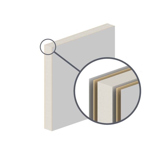 Illustration of a detailed cross-section of a wall structure magnified to show layers, including exterior cladding, insulation, and interior plaster with vinyl covered hardboard.