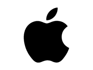 This image shows a simple black silhouette of an apple with a bite taken out on the right side and a leaf on top.