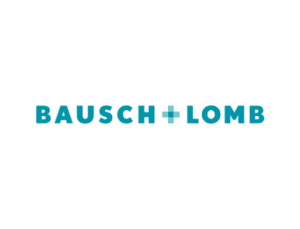 The logo of bausch + lomb, featuring the company name in bold blue letters with a green cross-shaped symbol between "bausch" and "lomb.