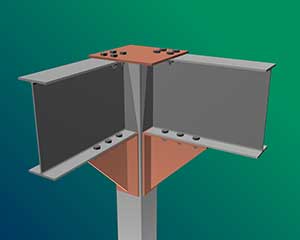 3D rendering of a metal beam structure with Type 1 connections, featuring a central vertical support and two horizontal beams forming a T-shape, set against a dual-color green and teal background.
