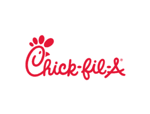 Logo of chick-fil-a featuring stylized red text with a chicken footprint above the "c" and beside the "k", with a registered trademark symbol.