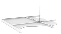A modern white pendant light fixture with two asymmetrical, overlapping panels suspended from a ceiling system, depicted against a plain white background.