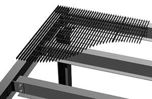 3D rendering of a black metal pergola with a modern, sparse 1-inch bar grate design on top, partially covering the structure. The pergola is shown from an angle against a plain background