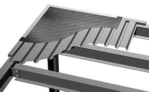 3d illustration of a partial steel checker plate staircase with an anti-slip tread pattern on the steps, viewed from a side angle against a white background.