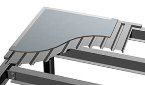 A 3D illustration showing a cross-section of a layered roofing system, including insulation and metal panels on a structural steel frame with a 20 Gauge Roof Deck.