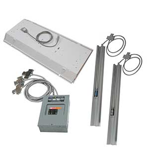 A set of modular linear actuator components including a metal control box, two rails, cables, and mounting brackets displayed on a white background.