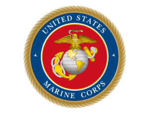 The emblem of the united states marine corps, featuring an eagle, globe, and anchor set against a red and blue background surrounded by a gold rope border.