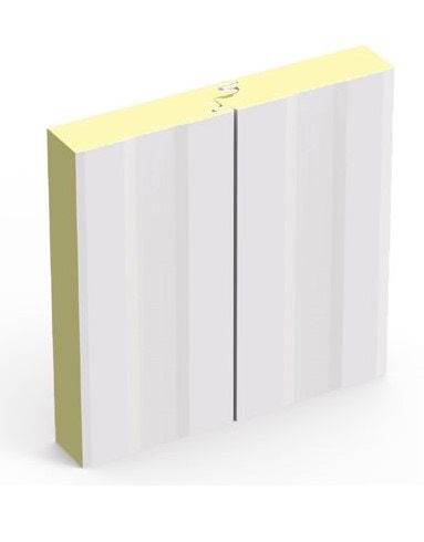 A modern white monolith cabinet with vertical grooves and a pale yellow top, featuring a sleek, simple handle on double doors.