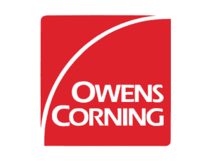 Logo of owens corning featuring a red square with a white swoosh and the company name in white font.