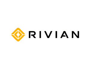 Rivian logo featuring stylized, orange diamond-shaped symbol above the brand name "rivian" in black, uppercase letters on a white background.