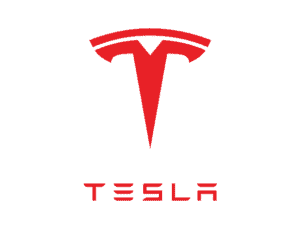 Red tesla logo featuring an abstract, stylized "t" above the brand name "tesla" in uppercase letters, set against a white background.