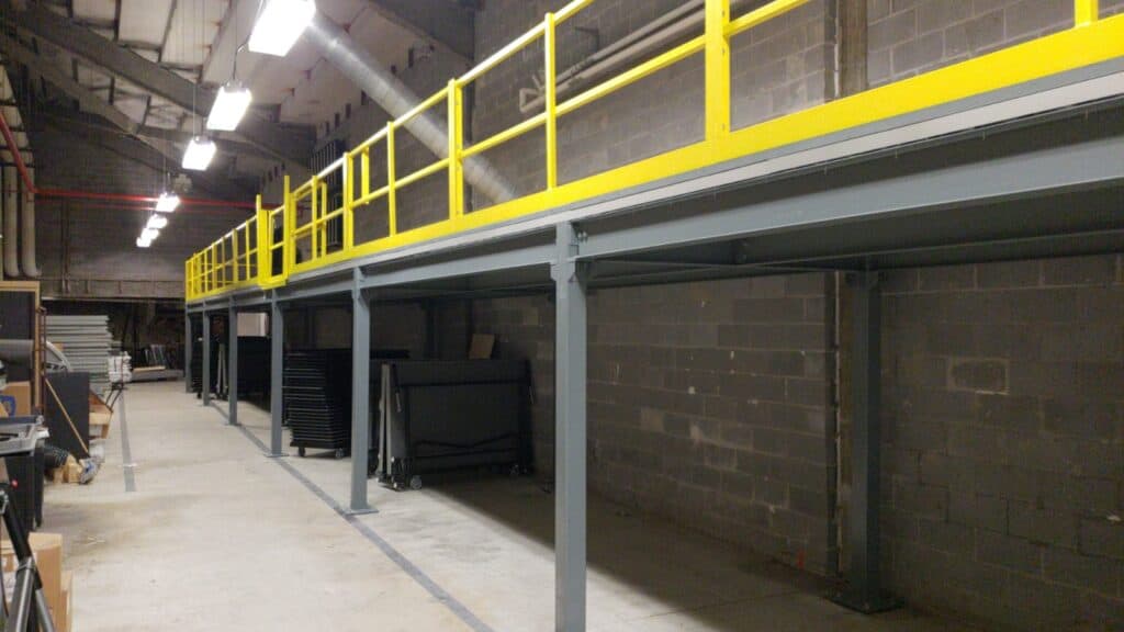 Storage platform mezzanine installed inside a college basketball stadium