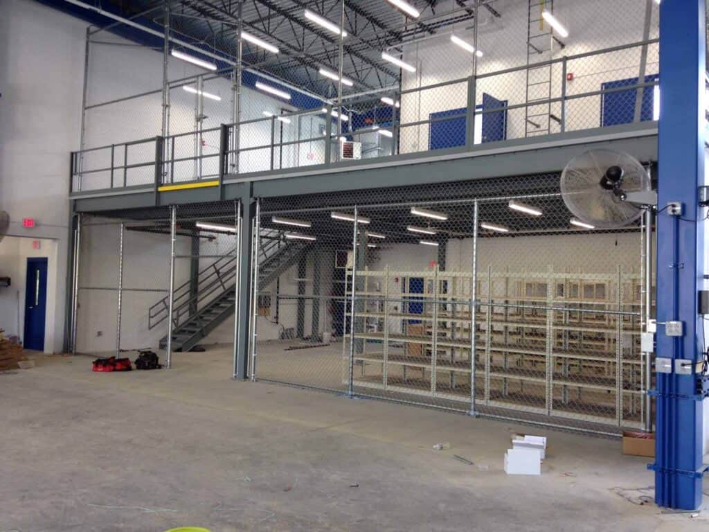 Storage platform mezzanine with wire security partitions
