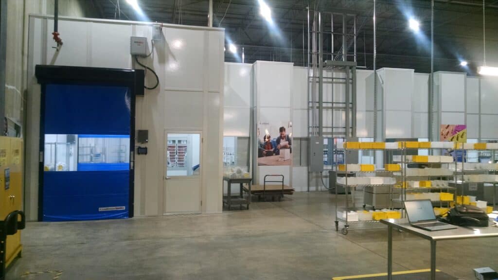 Modular Packaging Room with a high speed overhead door